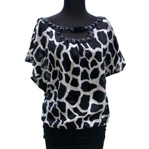 Cache Silk Banded Bottom Embellished Keyhole Top Split Sleeve Shoulder $118 NWT